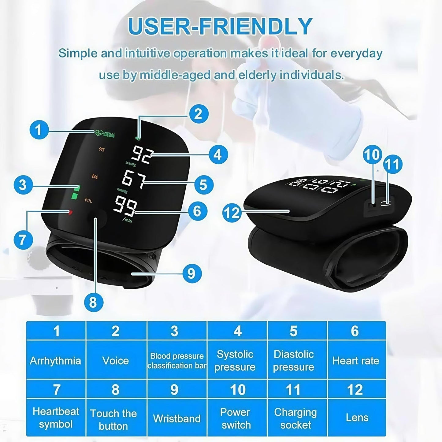 Wrist Blood Pressure Monitor Led Display, Touch Screen Wrist Blood Pressure Cuff 99x2 Reading Memory